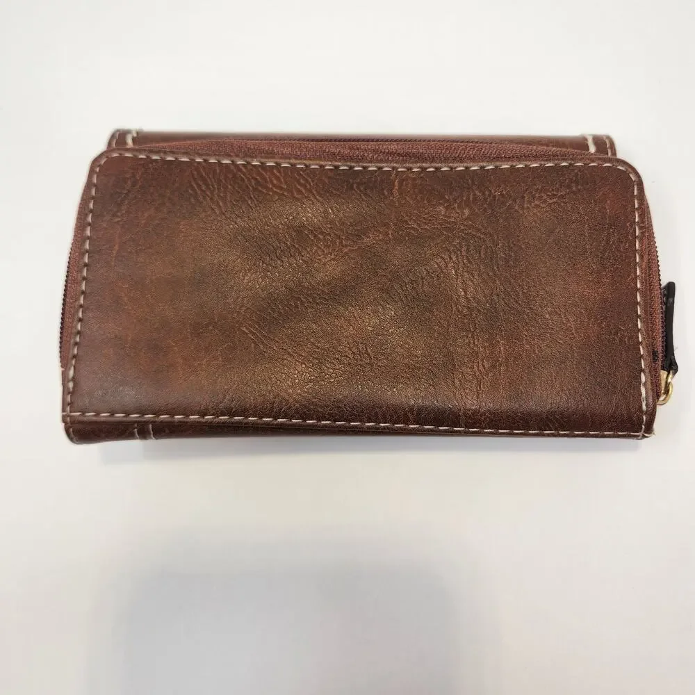 BOC Born Concepts Brown Faux Leather Large Wallet Multiple Compartments Boho